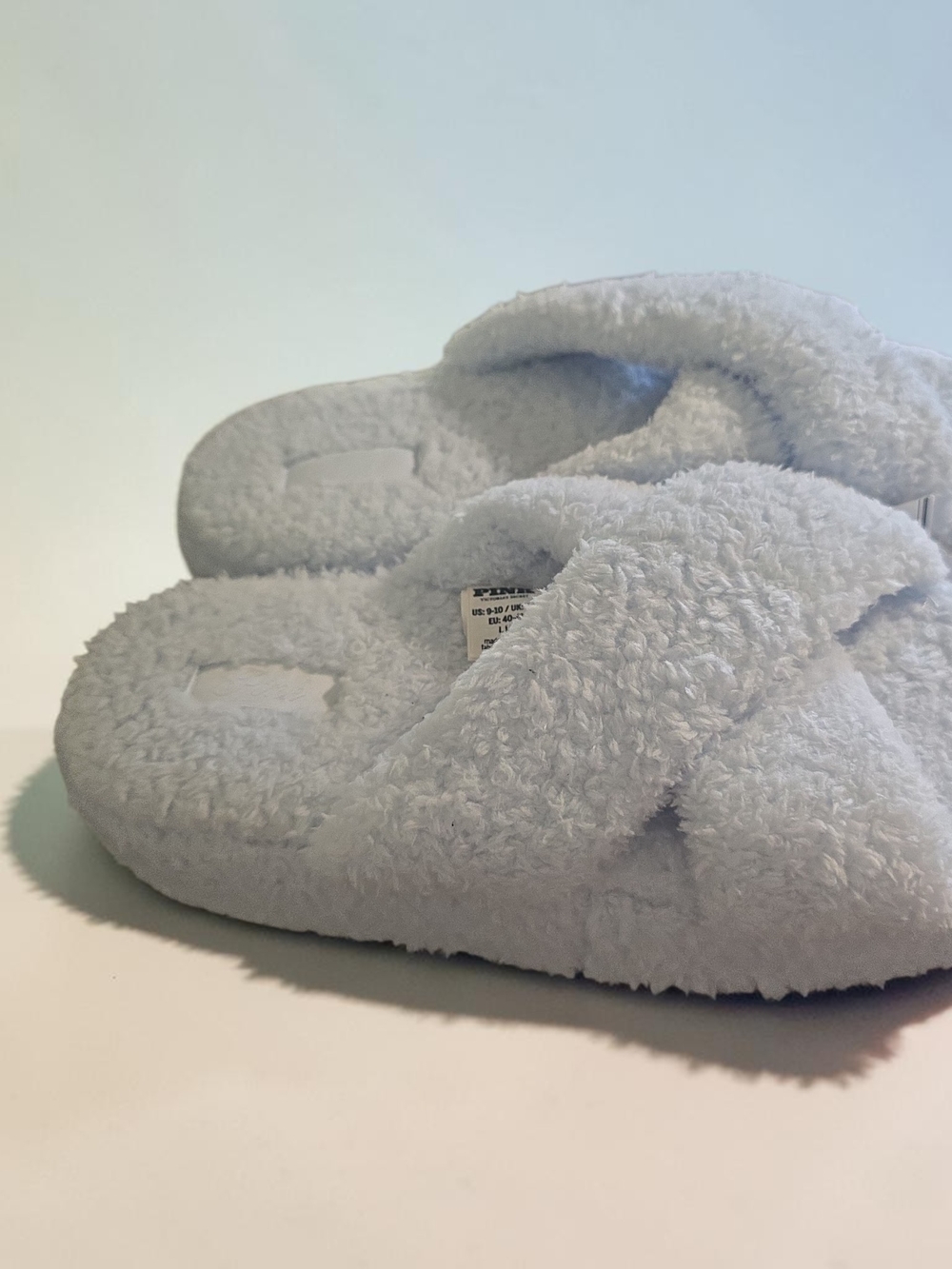 PINK Victoria's Secret Light Blue Fuzzy Cross-Band Slippers